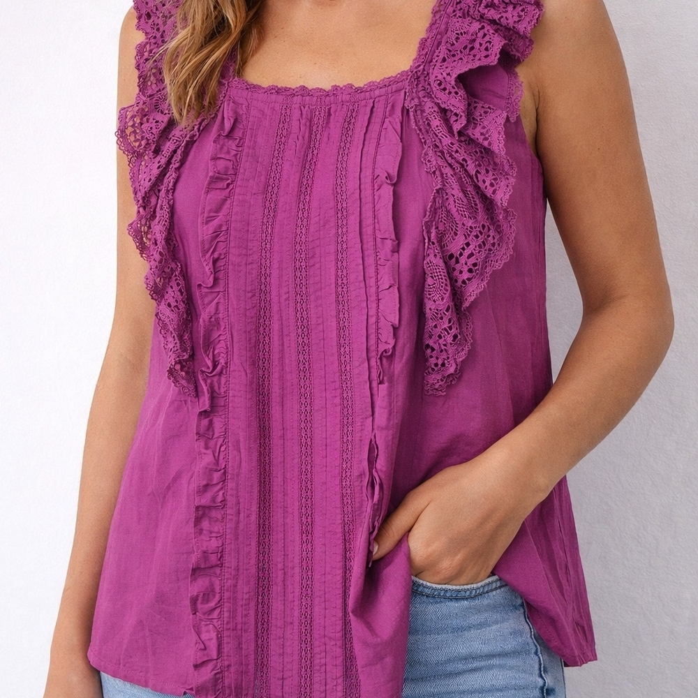 Sezane Pink Blouse Camisole Lace Pintucking Sz 36 (US 4) Coastal Barbiecore